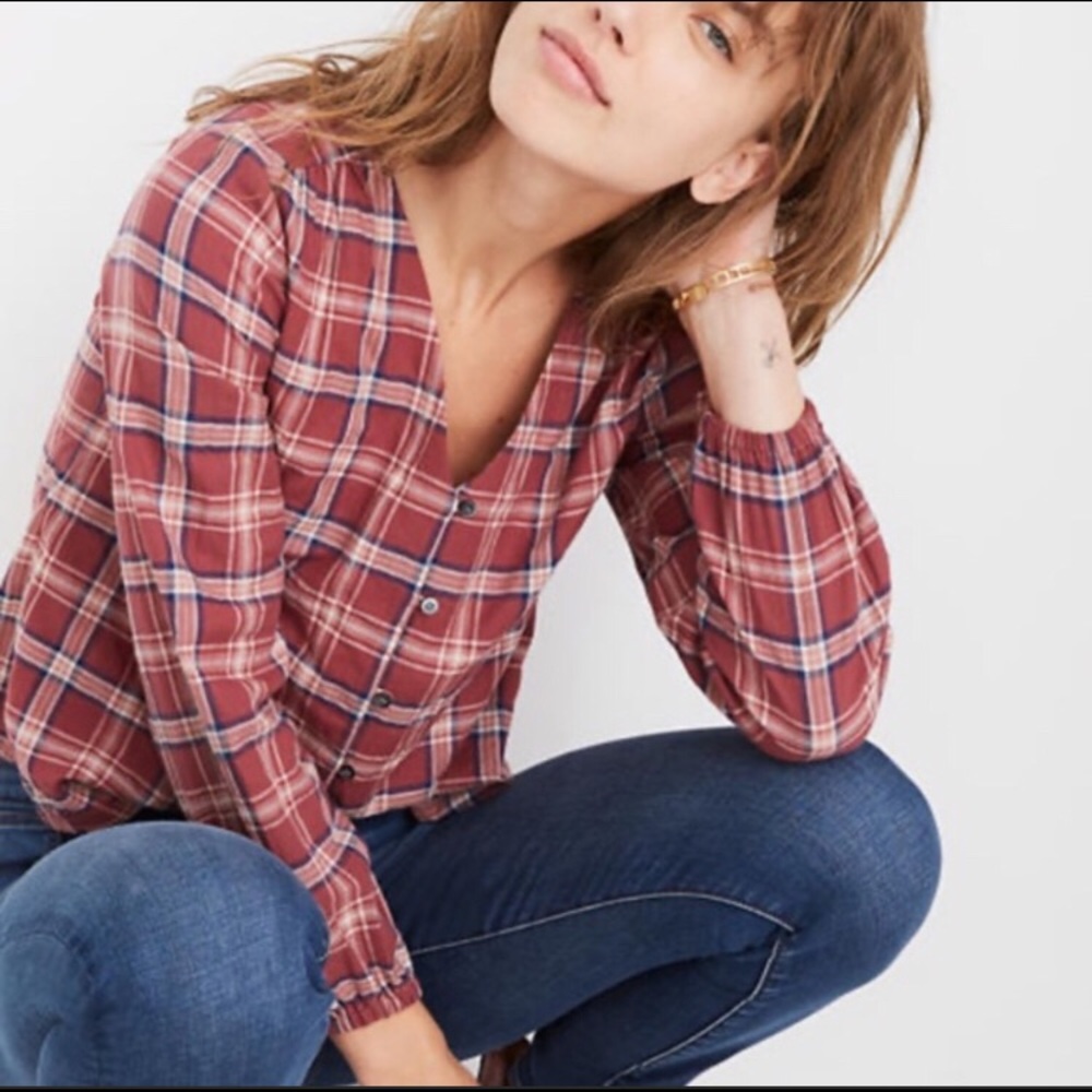 Madewell Button Down Plaid v neck Shirt